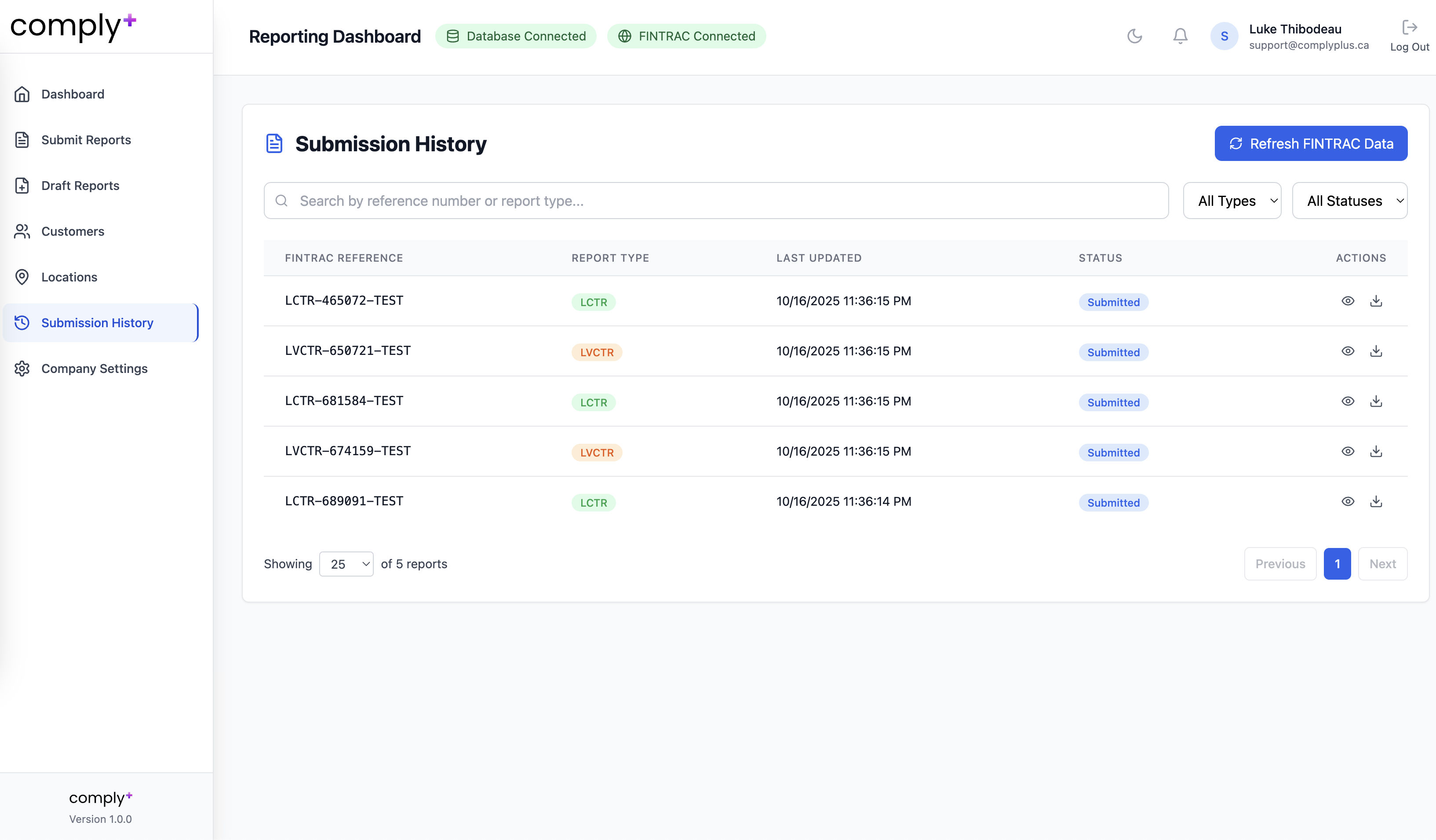Table of submitted reports showing FINTRAC confirmation badges.